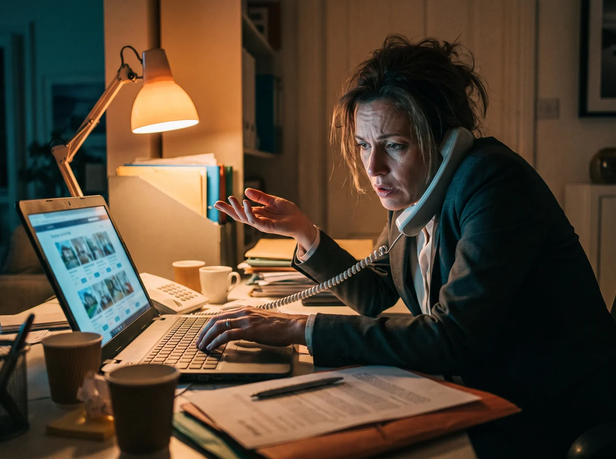 Overwhelmed real estate agent juggling calls and listings late at night